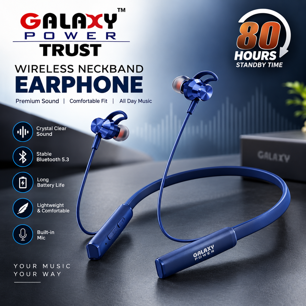 Galaxy Bluetooth Wireless Neckband Earphone | 80 Hours Standby |RS-2495