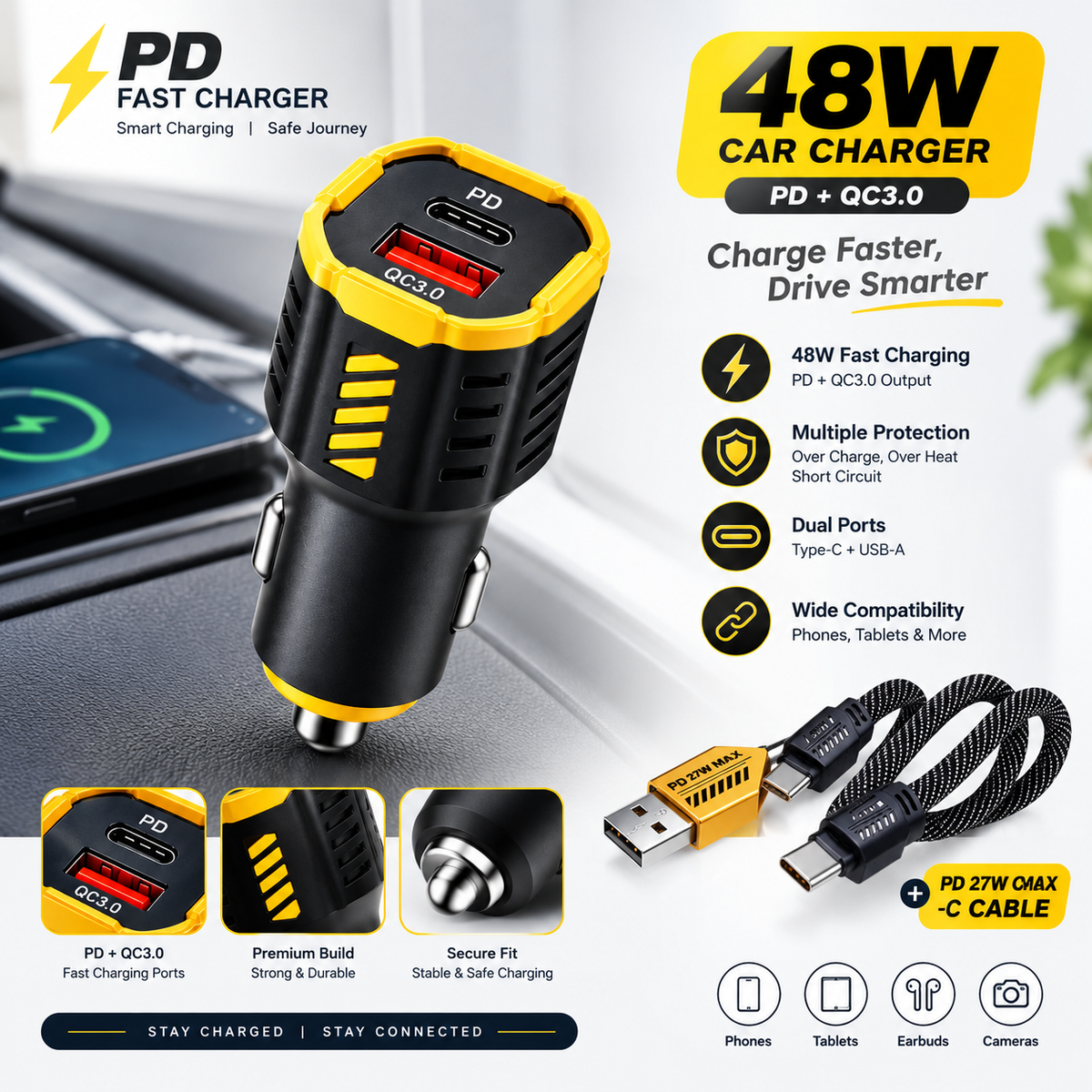 J-cell 48W Fast Car Charger Adapter with Charging Cable |Rs-1995