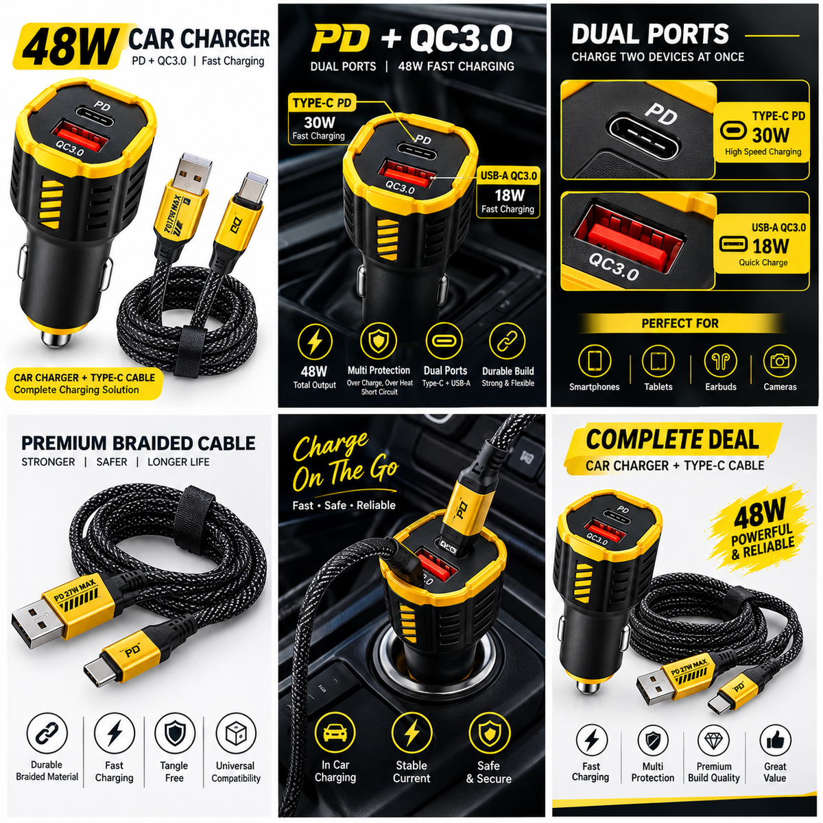 J-cell 48W Fast Car Charger Adapter with Charging Cable |Rs-1995