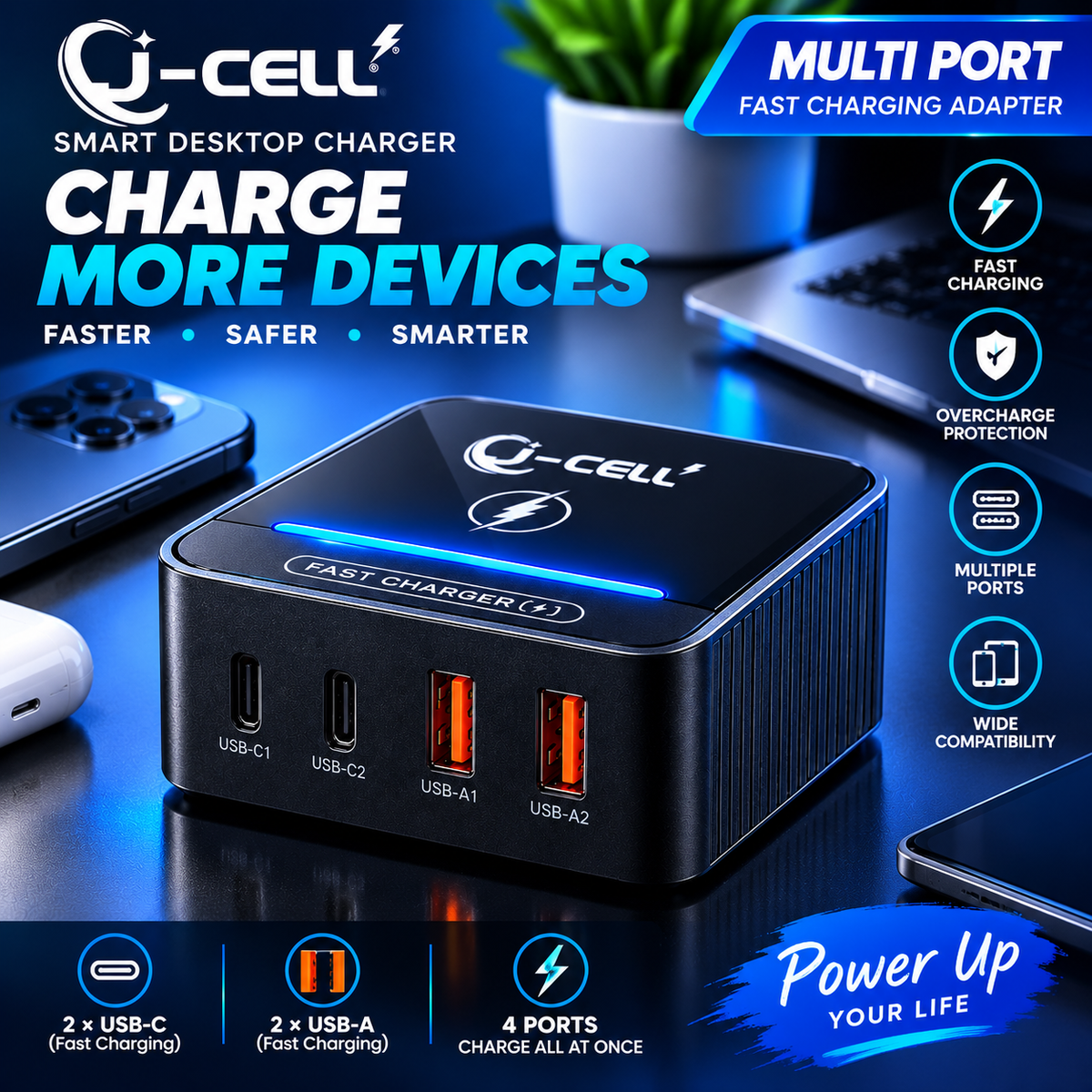Q-CELL 4-Port Fast Charging Adapter – 2 USB-C + 2 USB-A Ports|Rs-1995
