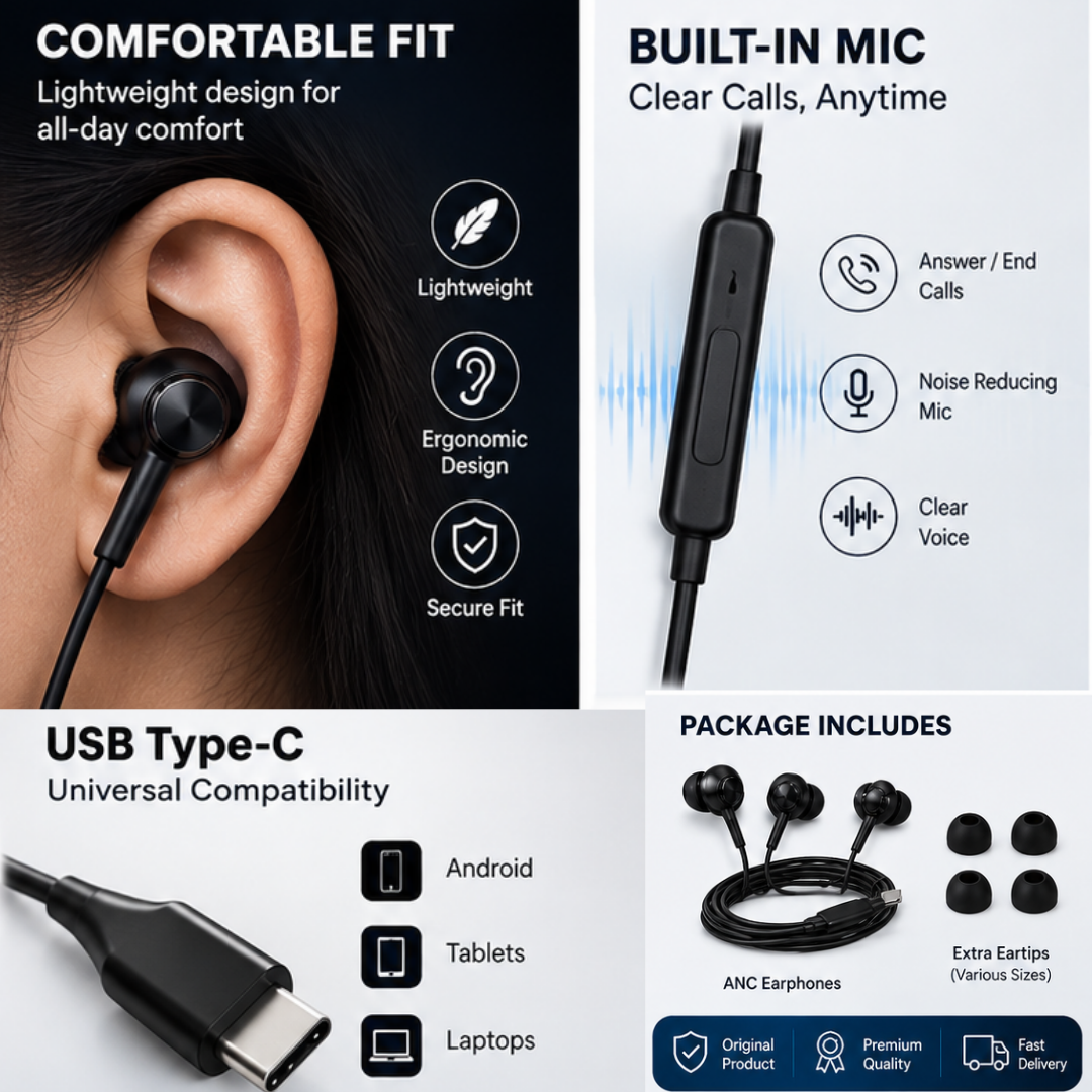 ANC Earphones – Noise Cancelling Wired Earphones with USB Type-C & Clear Sound | GERMAN IMPORT | RS-1190