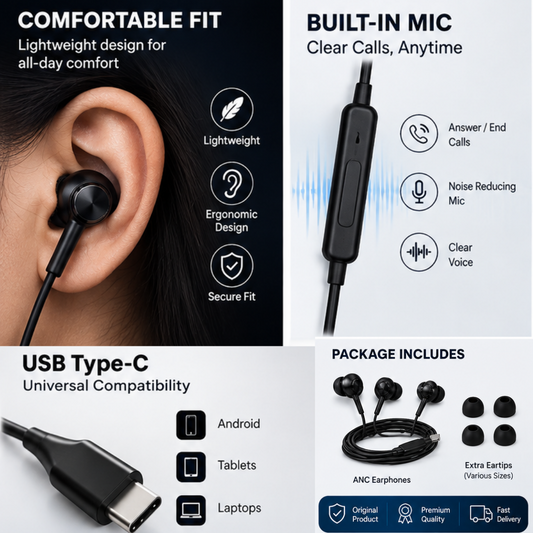 ANC Earphones – Noise Cancelling Wired Earphones with USB Type-C & Clear Sound | GERMAN IMPORT | RS-1190