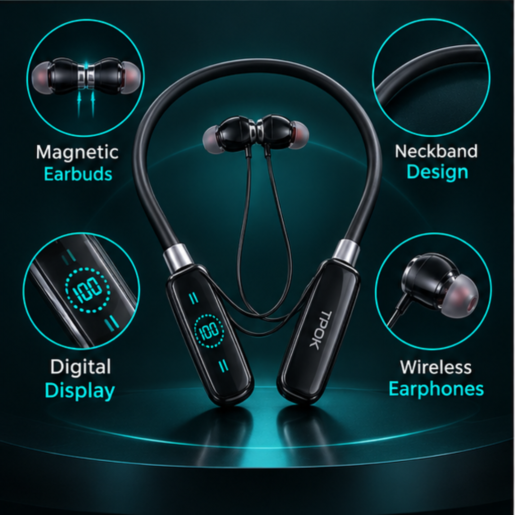 TPOK LH-G02 Wireless Neckband Earphones with Digital Display & Magnetic Earbuds |Rs-1695