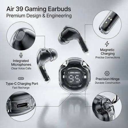 Air 39 Transparent Wireless Earbuds | Bluetooth 5.3 | LED Display | Deep Bass | HD Calling |RS-1195